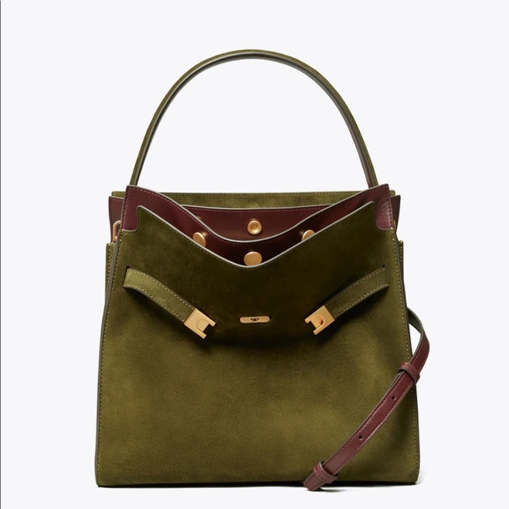 Tory Burch Large Lee Radziwill Olive Green Suede Satchel with Burgundy Trim - Picture 3 of 12